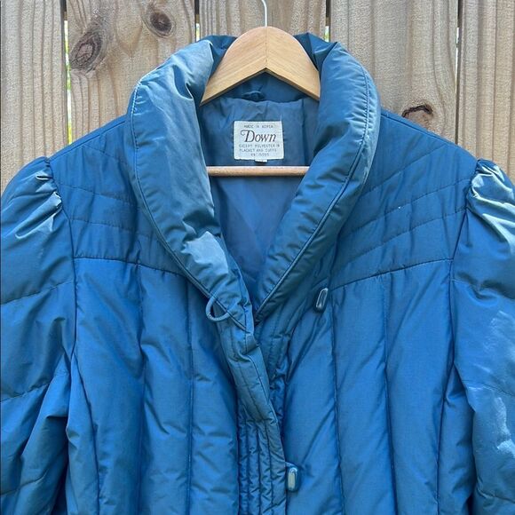 Down Blue Quilted Women's Long Coat Vintage Winter Blue Puffer 80s Rare size 16 - Picture 2 of 16